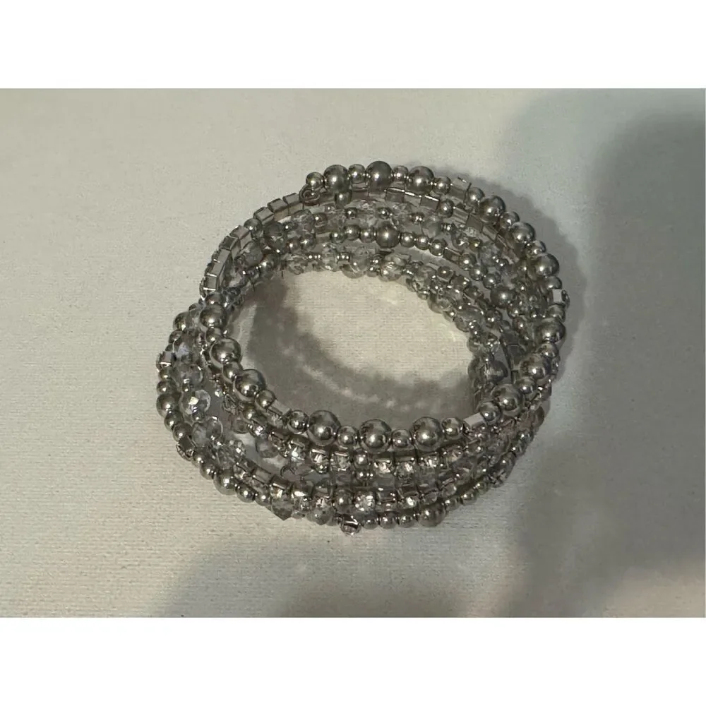 Vintage Y2K Womens Chunky Silver Beaded Rhinestone Slinky Wrap Bracelet Glam 90s